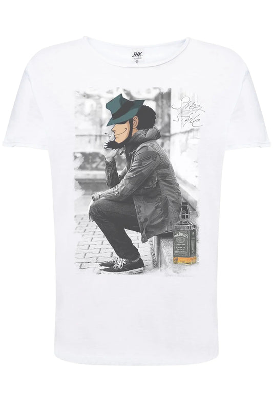 T-shirt bianca in cotone fiammato ultra light, stampa streetwear uomo seduto in stile urban, dettagli grigio e colorati.
