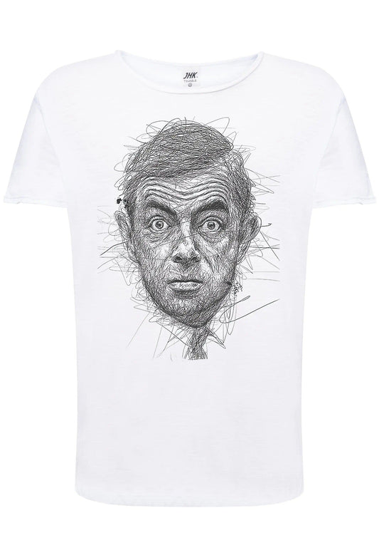 T-shirt uomo bianca in cotone fiammato con stampa streetwear ritratto stilizzato, stile urban