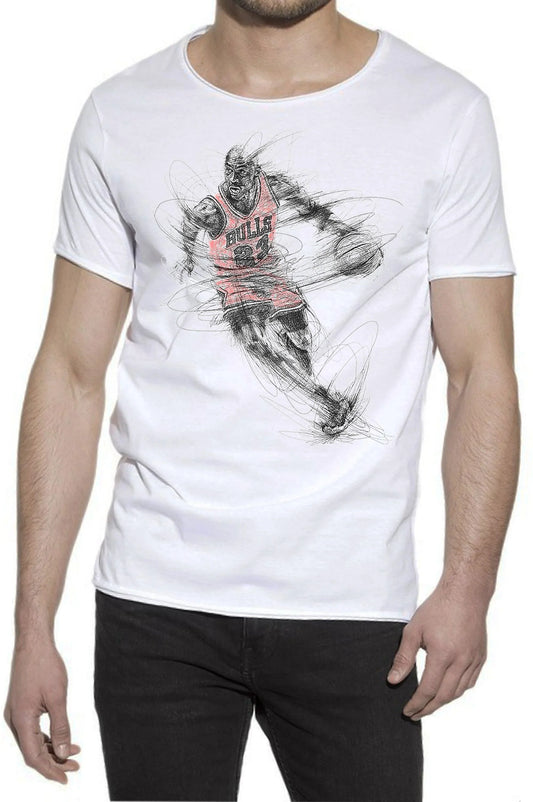 T-shirt uomo bianca in cotone con stampa stilizzata di cestista, stile streetwear urban