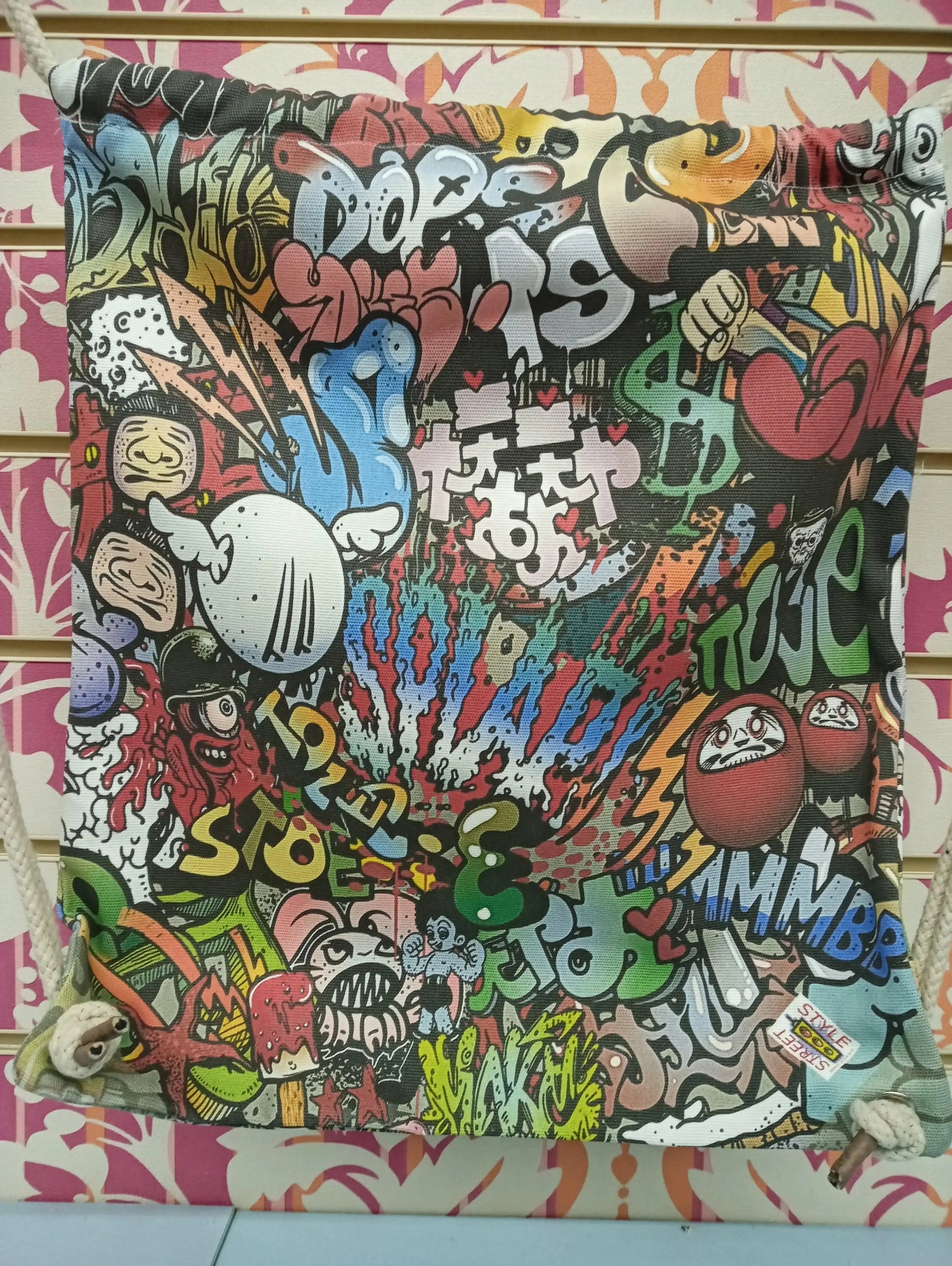 Zaino a sacca in tessuto con cordini, stampa streetwear multicolore graffiti urban