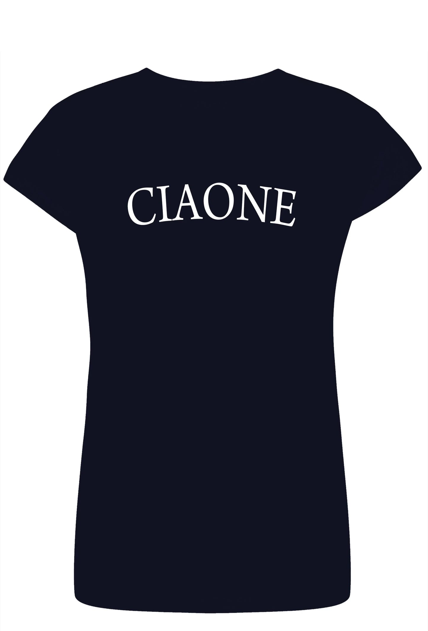 T-shirt donna streetwear nera in cotone pettinato con scritta bianca 'CIAONE' sul davanti.