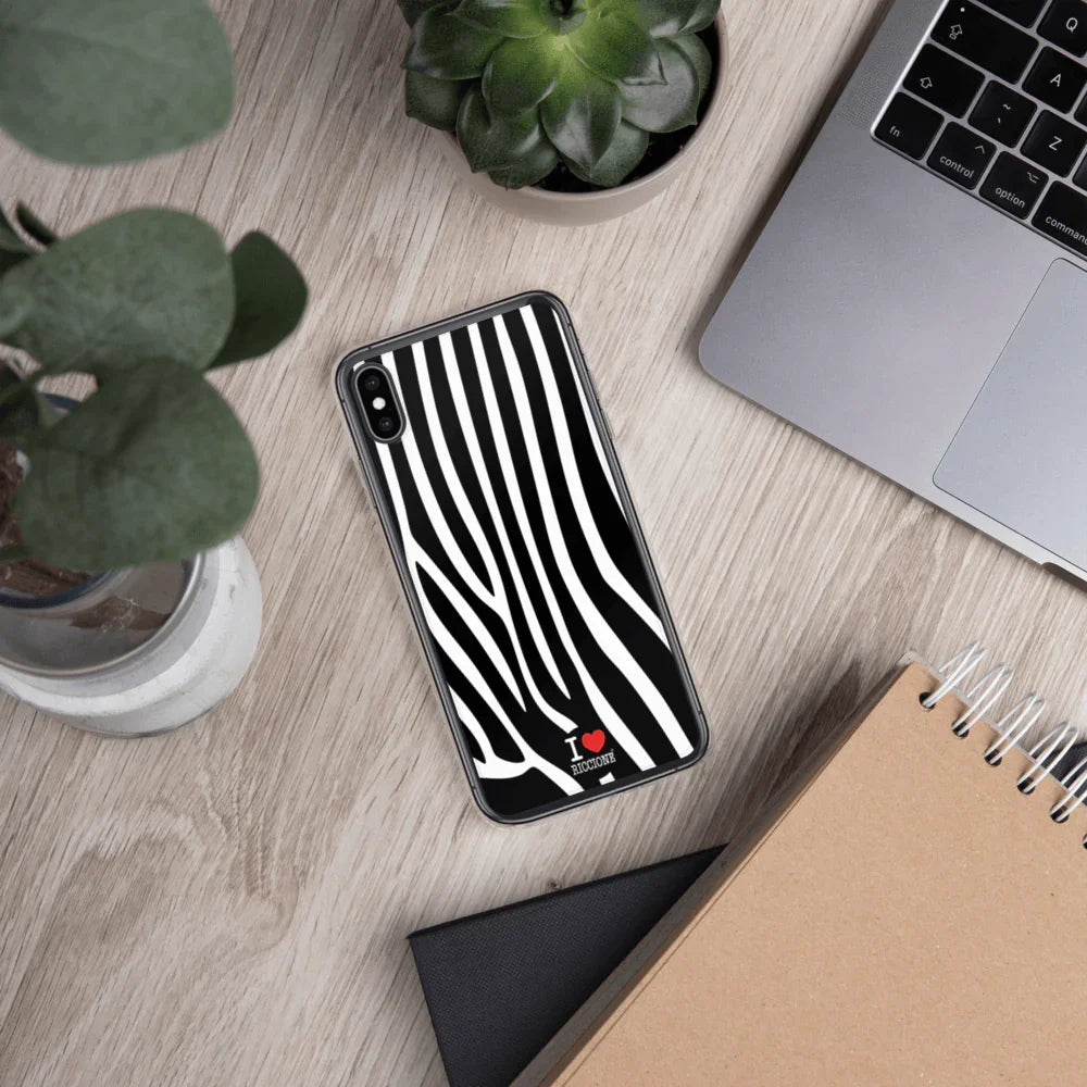 Cover iPhone streetwear stile urban con motivo zebra bianco e nero, scritta I love Riccione, materiale plastico