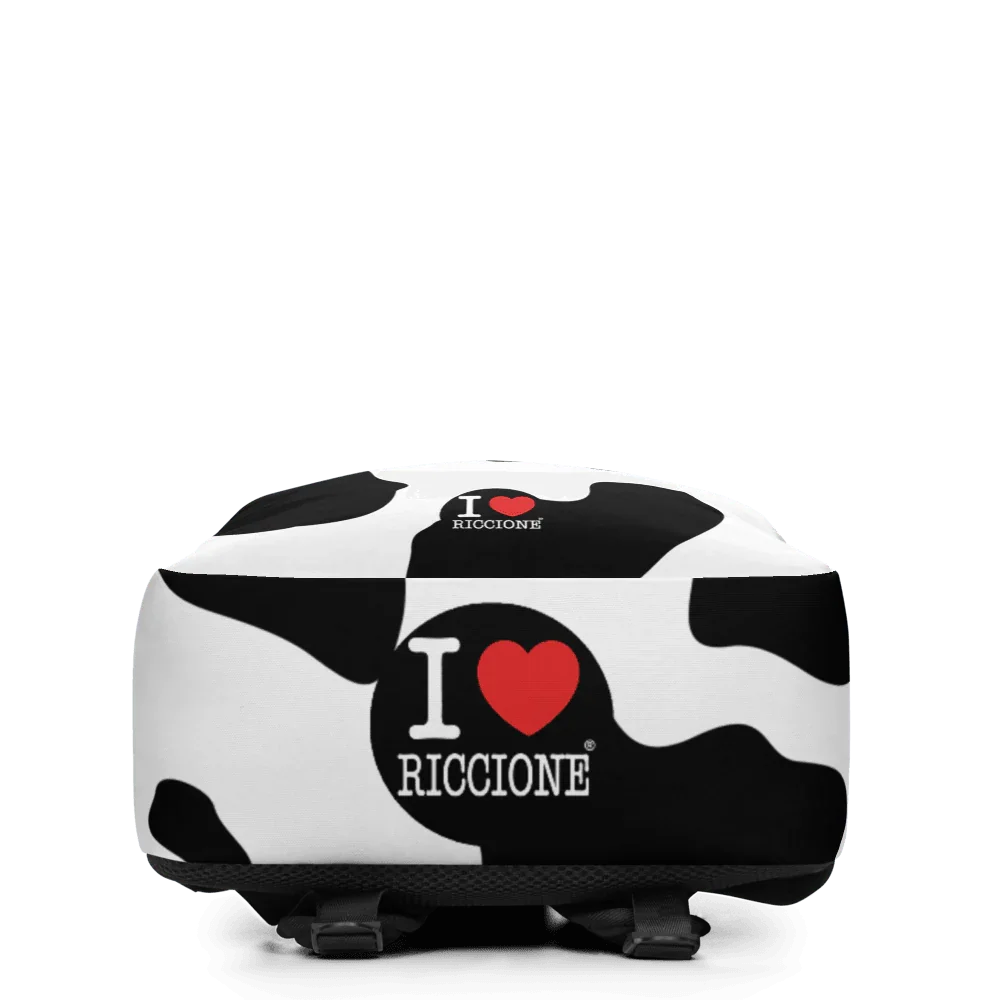 Zaino streetwear bianco e nero minimalista con stampa "I love Riccione", stile urban, tessuto resistente.