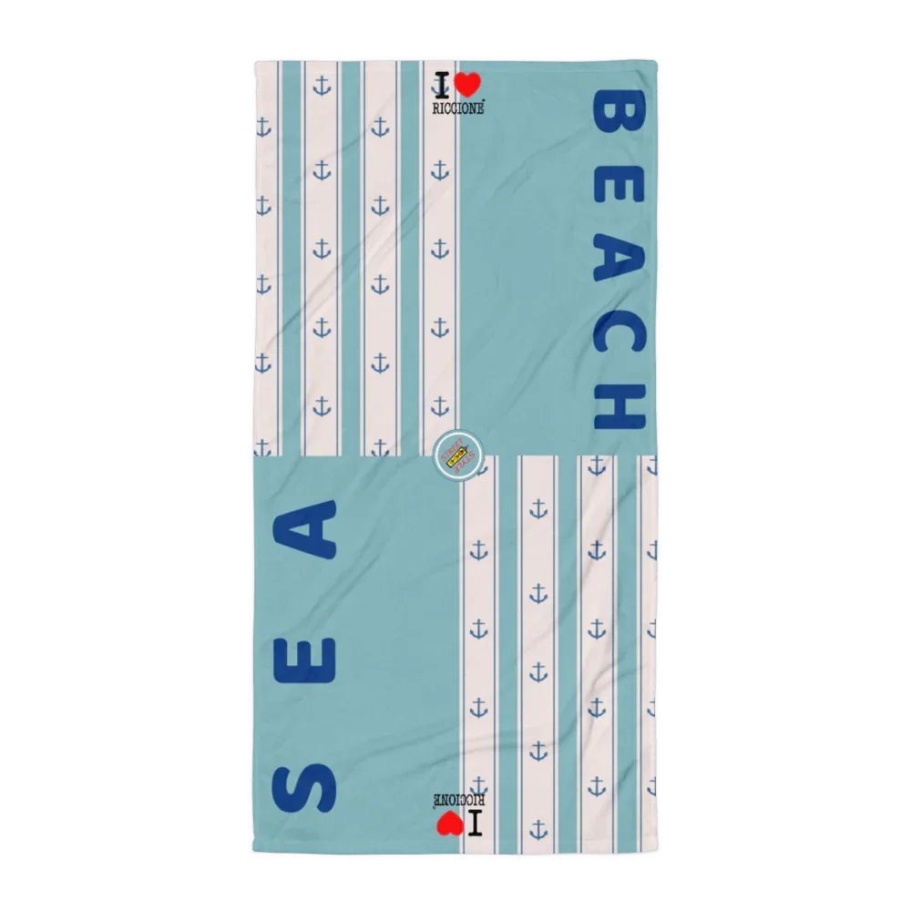 Telo mare streetwear azzurro con strisce bianche, ancore blu e scritte SEA BEACH in stile urban.