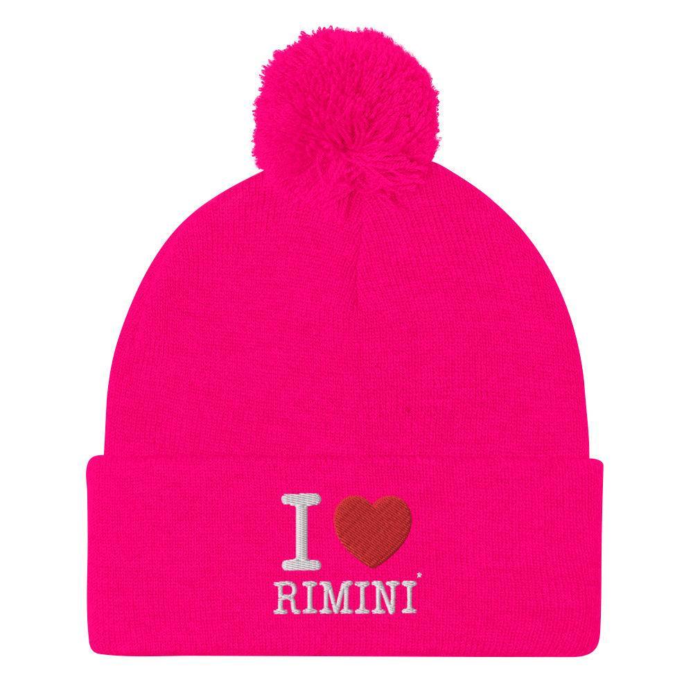 Beanie streetwear rosa fluo in lana con pon pon e scritta ricamata I love Rimini