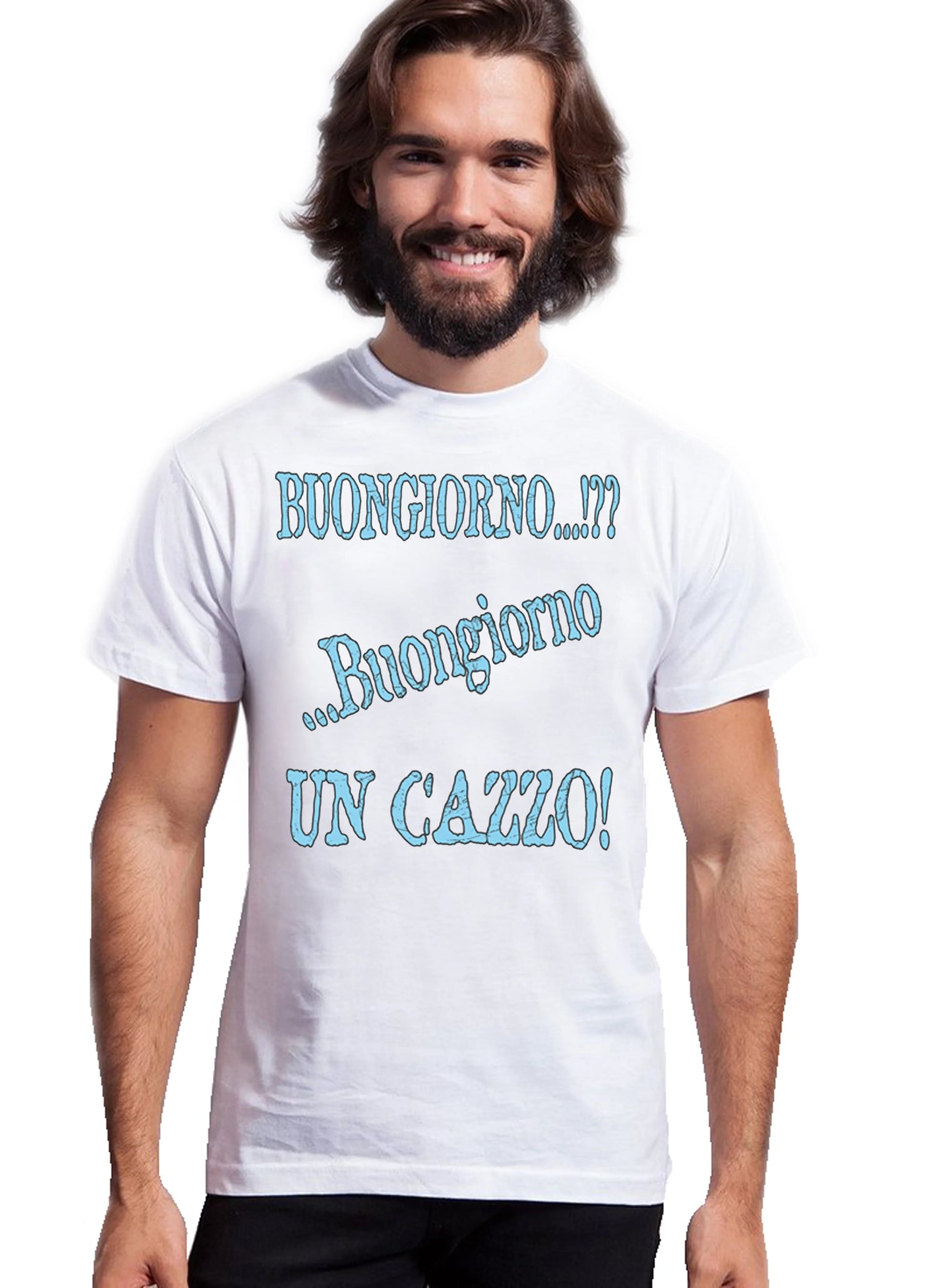Uomo con t-shirt bianca streetwear in cotone, scritta ironica azzurra, stile urban