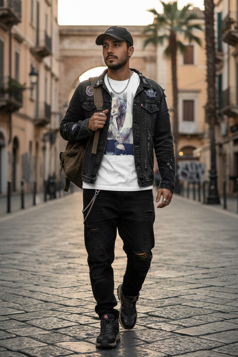 uomo con t-shirt basic gialla in cotone, stile streetwear urban, su spiaggia al tramonto