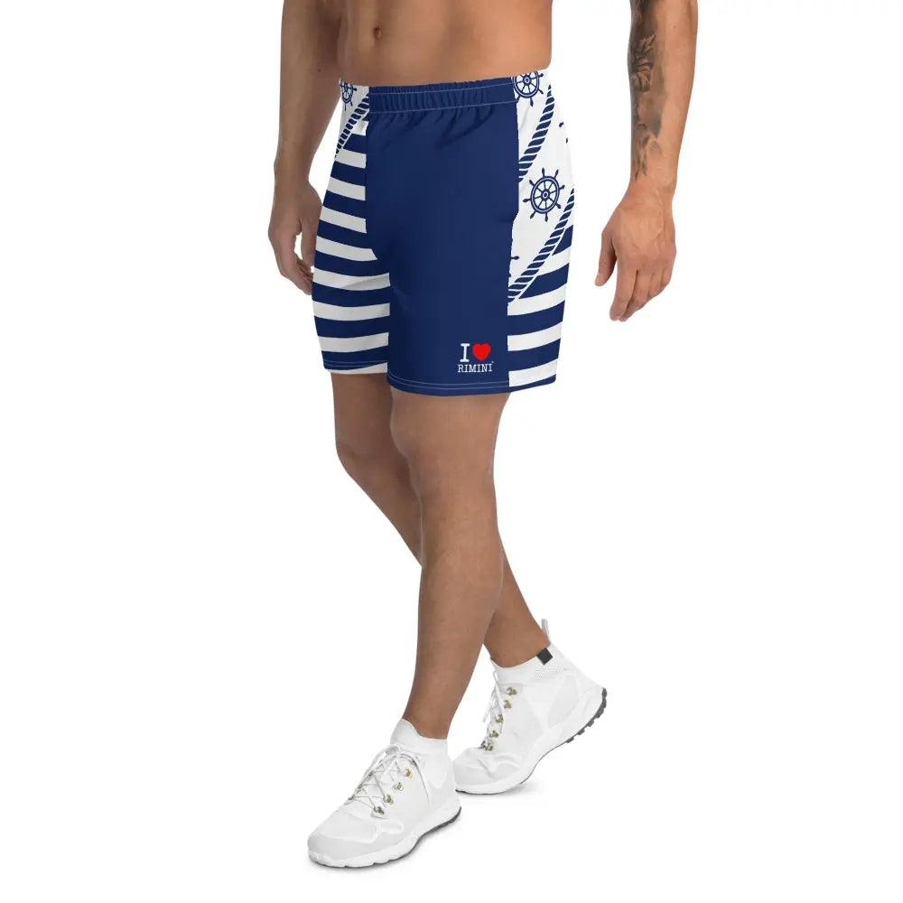 Pantaloncini streetwear blu con righe bianche, scritta I love Rimini e dettagli nautici, stile urban