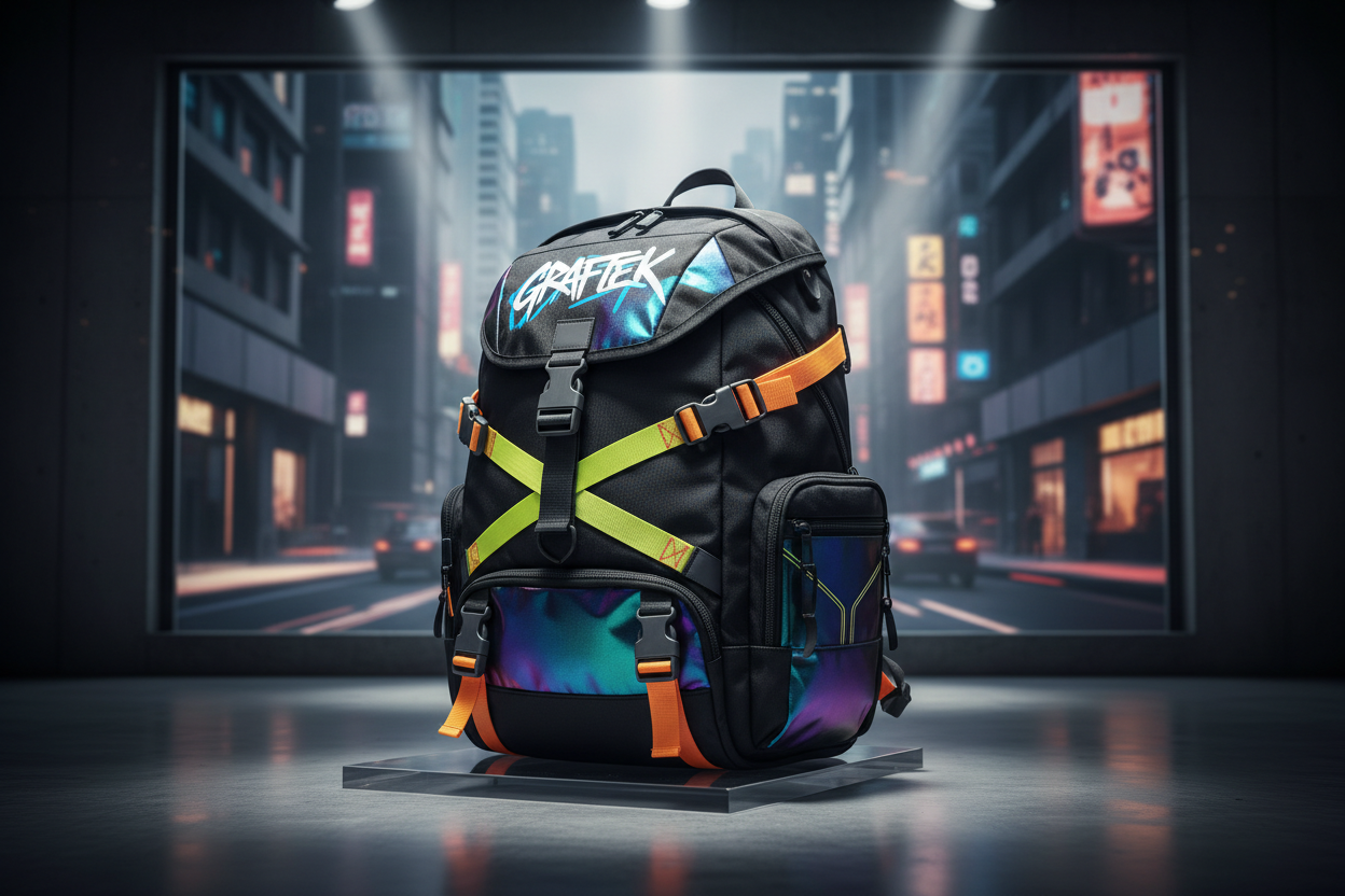 Zainetto streetwear in tessuto bianco con stampa vivace di caramelle colorate, spallacci in corda