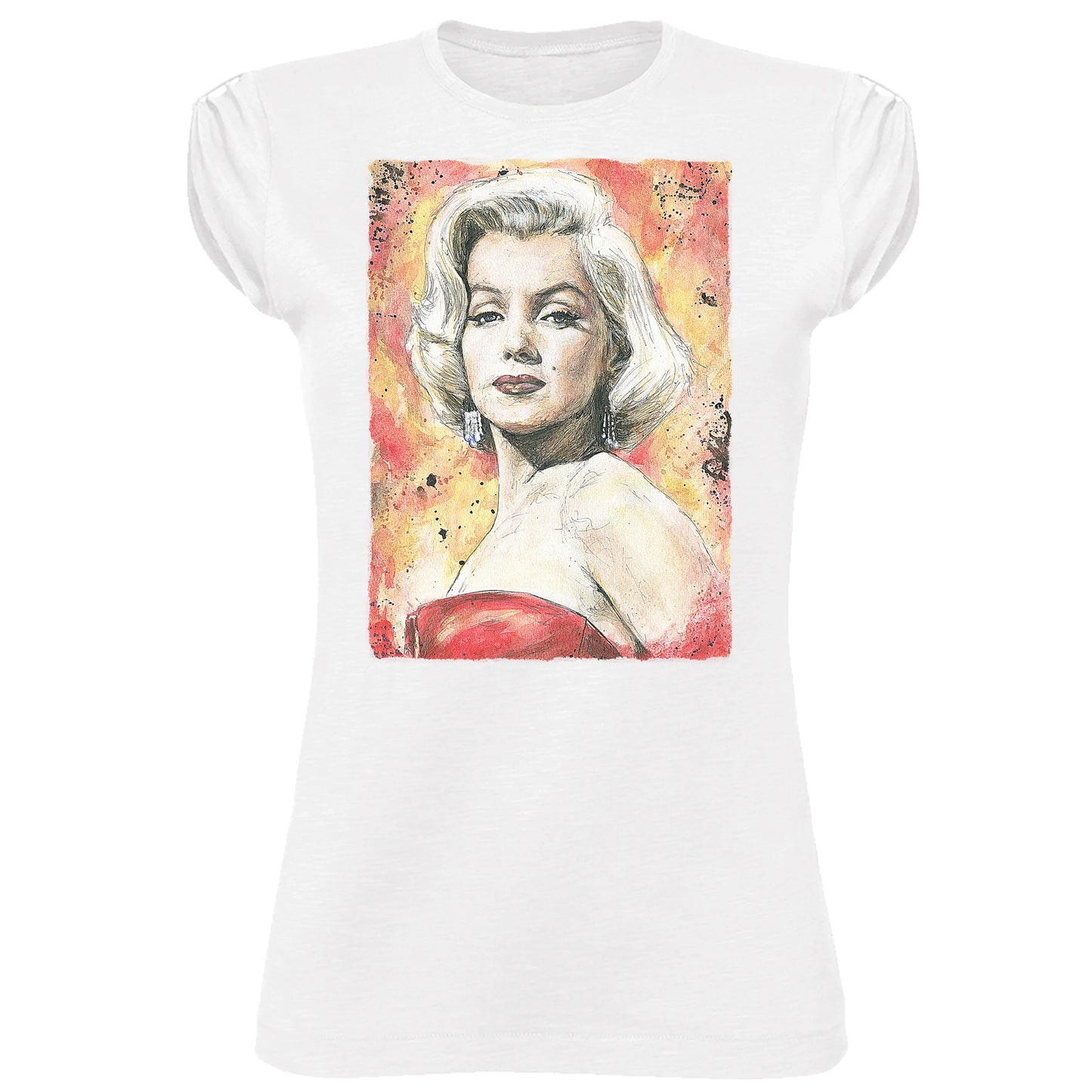 T-shirt bianca streetwear donna con disegno artistico di diva anni '50, stile urban, materiali in cotone.