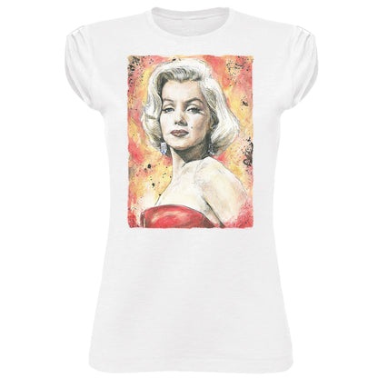 T-shirt bianca streetwear donna con disegno artistico di diva anni '50, stile urban, materiali in cotone.