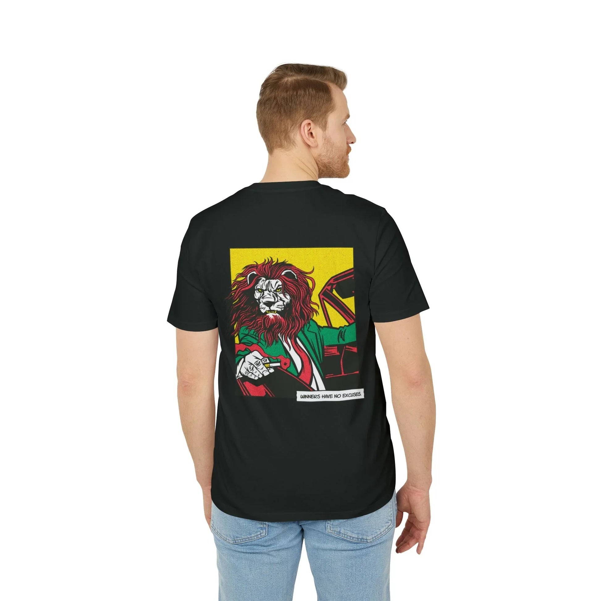 Boss Lion in Car - Comic Mafia - Premium Bio Unisex T-Shirt - Back Print - STREET STYLE