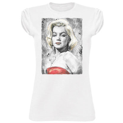 T-shirt streetwear bianca da donna con stampa artistica in bianco e nero di donna bionda e dettaglio rosso, stile urban.