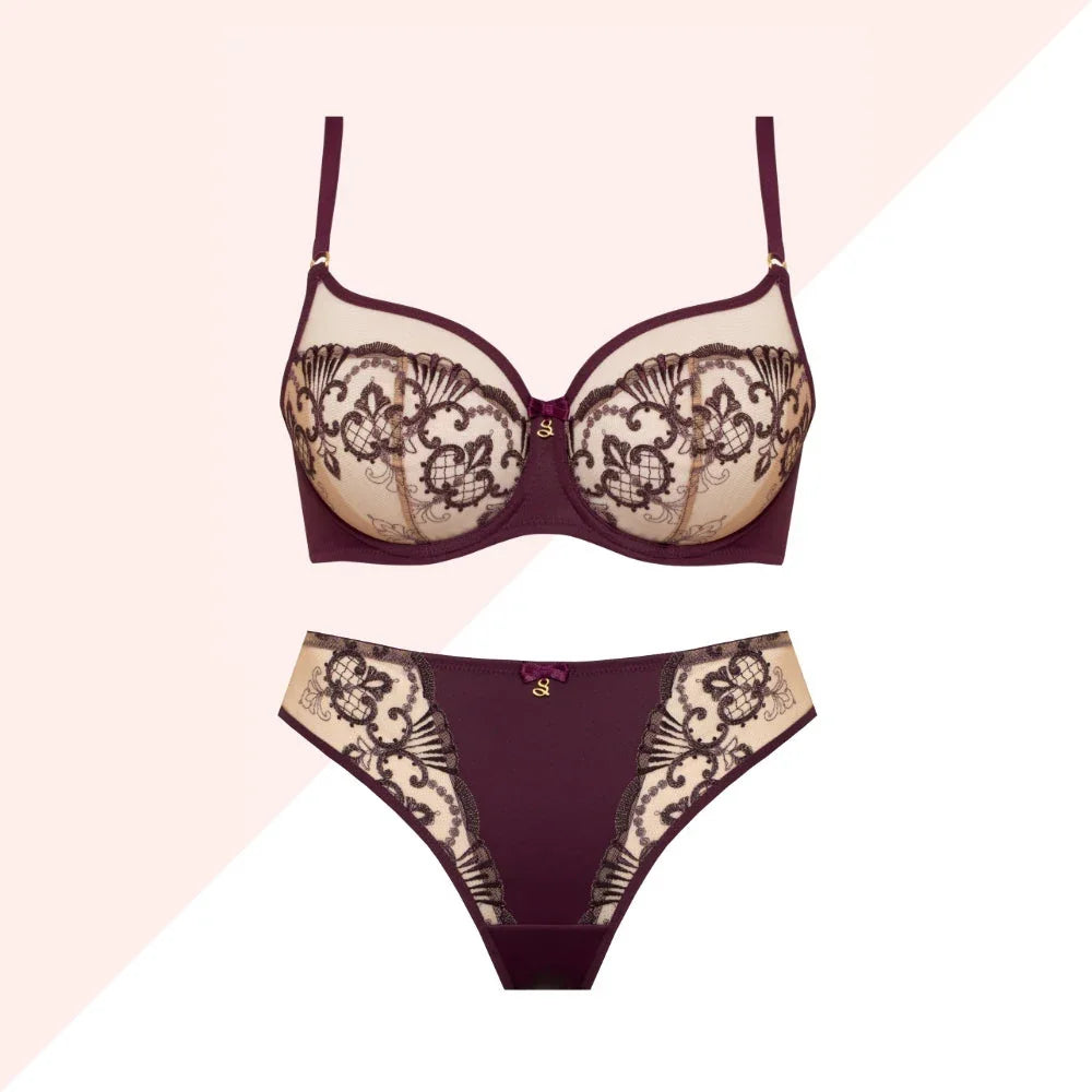 Sheer Mesh Tulle Embroidered Tanga Panty Perla Aubergine - STREET STYLE