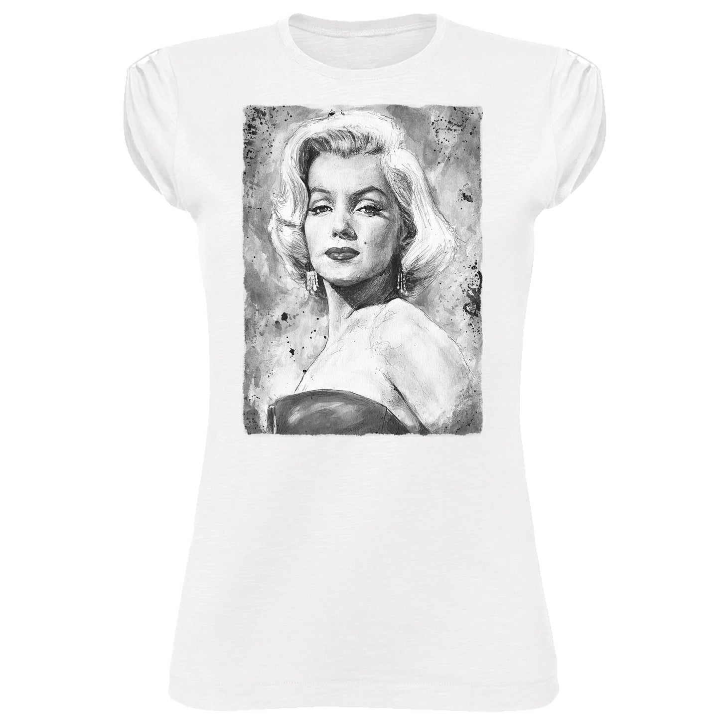 T-shirt bianca streetwear donna con stampa artistica in bianco e nero di icona vintage, stile urban.