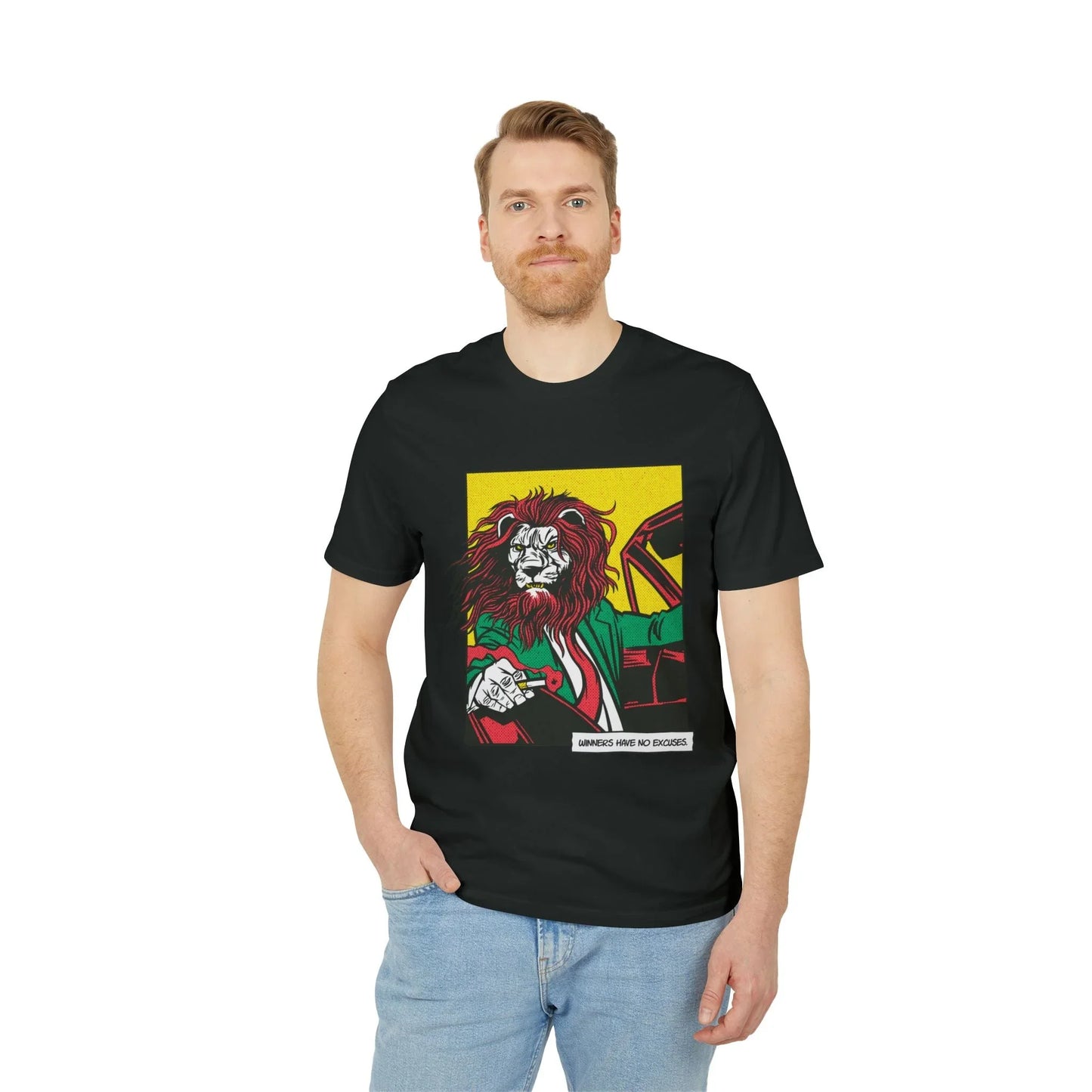 Boss Lion in Car - Comic Mafia - Premium Bio Unisex T-Shirt - Front Print - STREET STYLE
