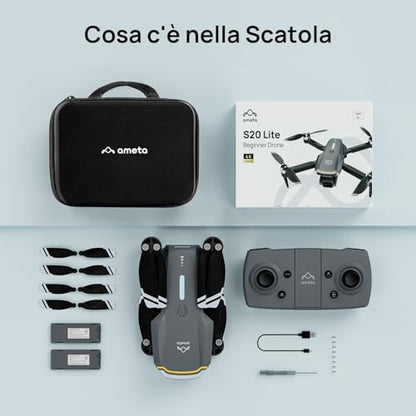 Ameta Drone con Telecamera 4K per Bambini e Adulti, S20 Lite Mini Droni Pieghevole con Motore Brushless/ 36min di Volo/Altitudine Mantenimento/Volo Circolare, Regalo per Uomo Ragazzo, Meno di 249g
