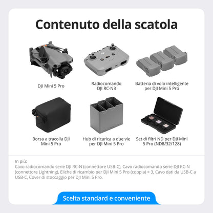 DJI Mini 5 Pro Combo Fly More con DJI RC 2 e DJI Care di 1 anno, drone 4K per principianti, drone con fotocamera, CMOS da 1 pollice, rilevamento degli ostacoli, ActiveTrack 360°, C0