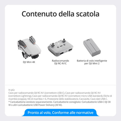 DJI Mini 4K Camera Drone Combo, drone per adulti, fotocamera 4K UHD, < 249 g, stabilizzatore 3 assi, trasmissione video 10 km, return automatico, 2 batterie per tempo di volo fino a 62 minuti