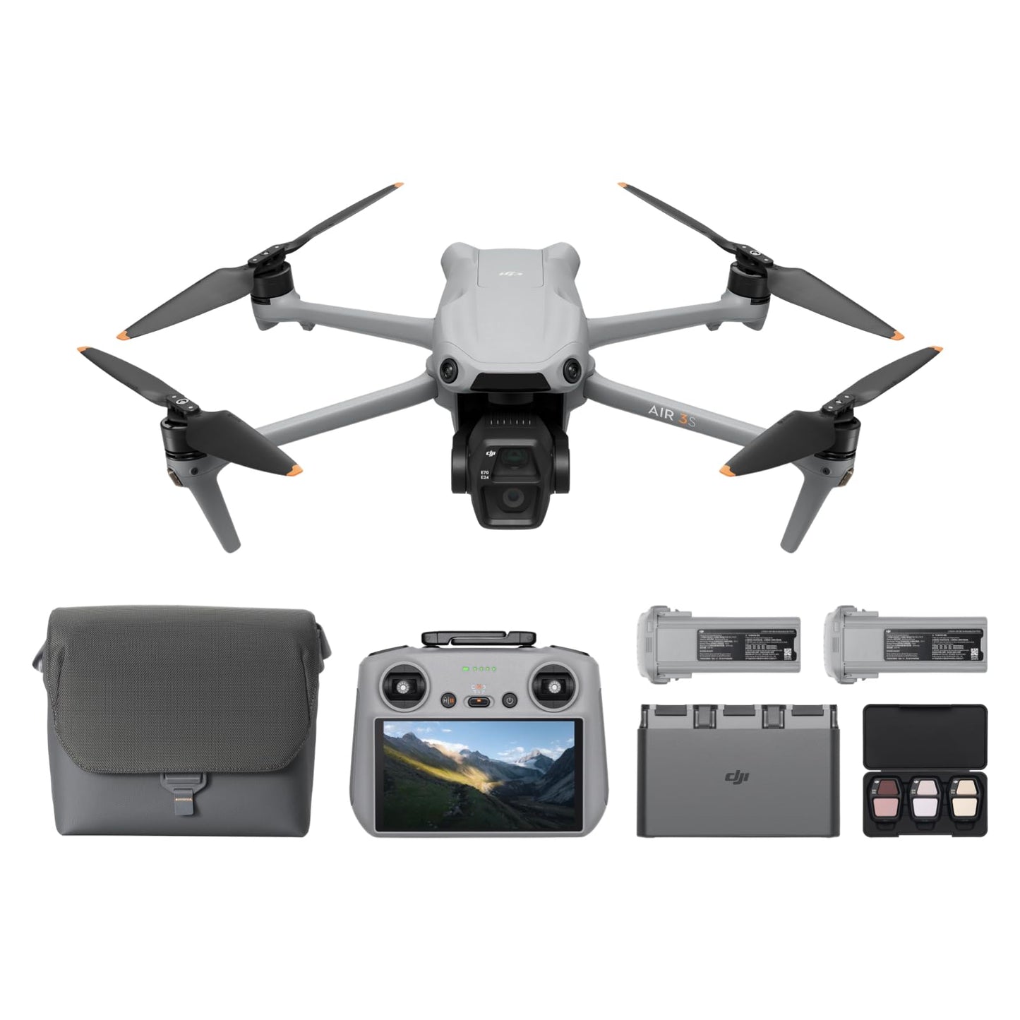 DJI Air 3S Combo Fly More (RC 2 con schermo), drone con fotocamera grandangolare CMOS 1" e teleobiettivo medio per adulti, 4K/60fps, rilevamento omnidirezionale e 3 batterie per volare più a lungo
