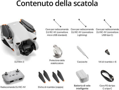 DJI Mini 3 (con DJI RC) – Mini drone con fotocamera leggero, con stabilizzatore a 3 assi, video in 4K HDR, autonomia 38 minuti, trasmissione video fino a 10 km, riprese verticali, return integrato