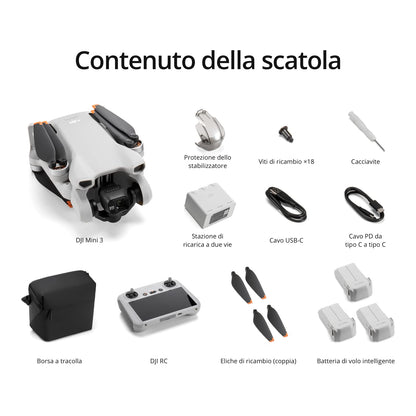 DJI Mini 3 (con DJI RC) – Mini drone con fotocamera leggero, con stabilizzatore a 3 assi, video in 4K HDR, autonomia 38 minuti, trasmissione video fino a 10 km, riprese verticali, return integrato