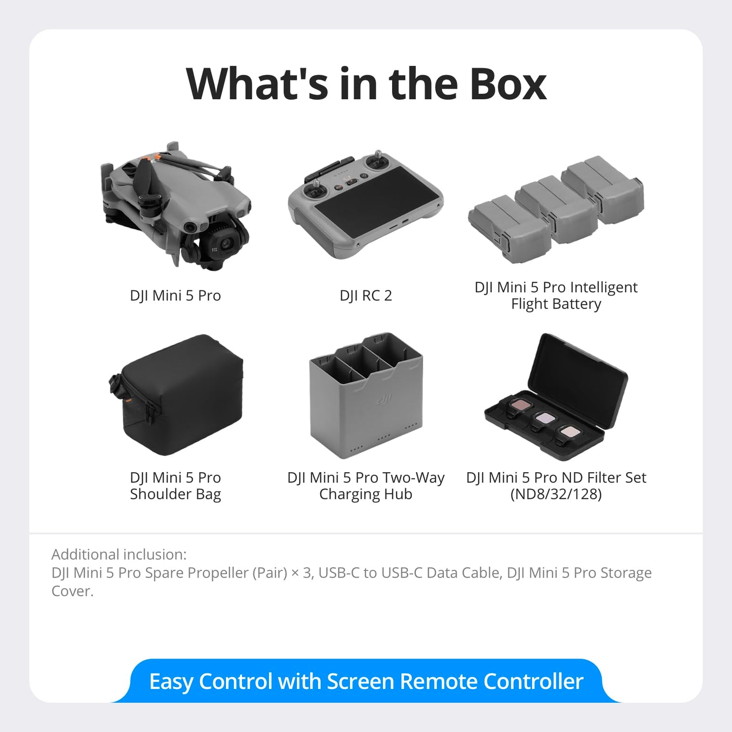 DJI Mini 5 Pro Combo Fly More con DJI RC 2 e DJI Care di 1 anno, drone 4K per principianti, drone con fotocamera, CMOS da 1 pollice, rilevamento degli ostacoli, ActiveTrack 360°, C0