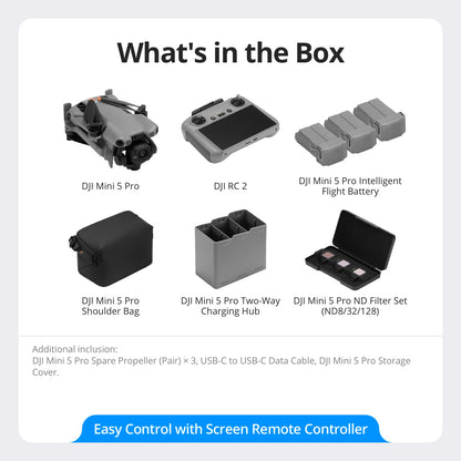 DJI Mini 5 Pro Combo Fly More con DJI RC 2 e DJI Care di 1 anno, drone 4K per principianti, drone con fotocamera, CMOS da 1 pollice, rilevamento degli ostacoli, ActiveTrack 360°, C0