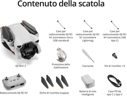 DJI Mini 3 (con DJI RC) – Mini drone con fotocamera leggero, con stabilizzatore a 3 assi, video in 4K HDR, autonomia 38 minuti, trasmissione video fino a 10 km, riprese verticali, return integrato