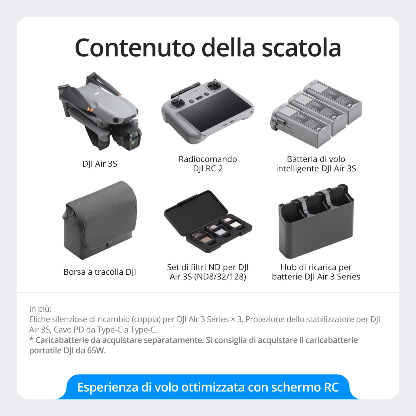DJI Air 3S Combo Fly More (RC 2 con schermo), drone con fotocamera grandangolare CMOS 1" e teleobiettivo medio per adulti, 4K/60fps, rilevamento omnidirezionale e 3 batterie per volare più a lungo