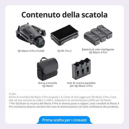 DJI Mavic 4 Pro Combo Creator 512 GB con DJI RC Pro 2, drone con tripla fotocamera dotato di fotocamera Hasselblad da 100 MP con CMOS 4/3, volo fino a 51 minuti, tre batterie, hub di ricarica e altro