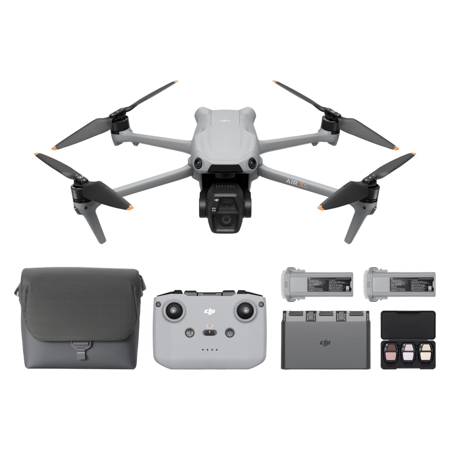 DJI Air 3S Combo Fly More (RC 2 con schermo), drone con fotocamera grandangolare CMOS 1" e teleobiettivo medio per adulti, 4K/60fps, rilevamento omnidirezionale e 3 batterie per volare più a lungo