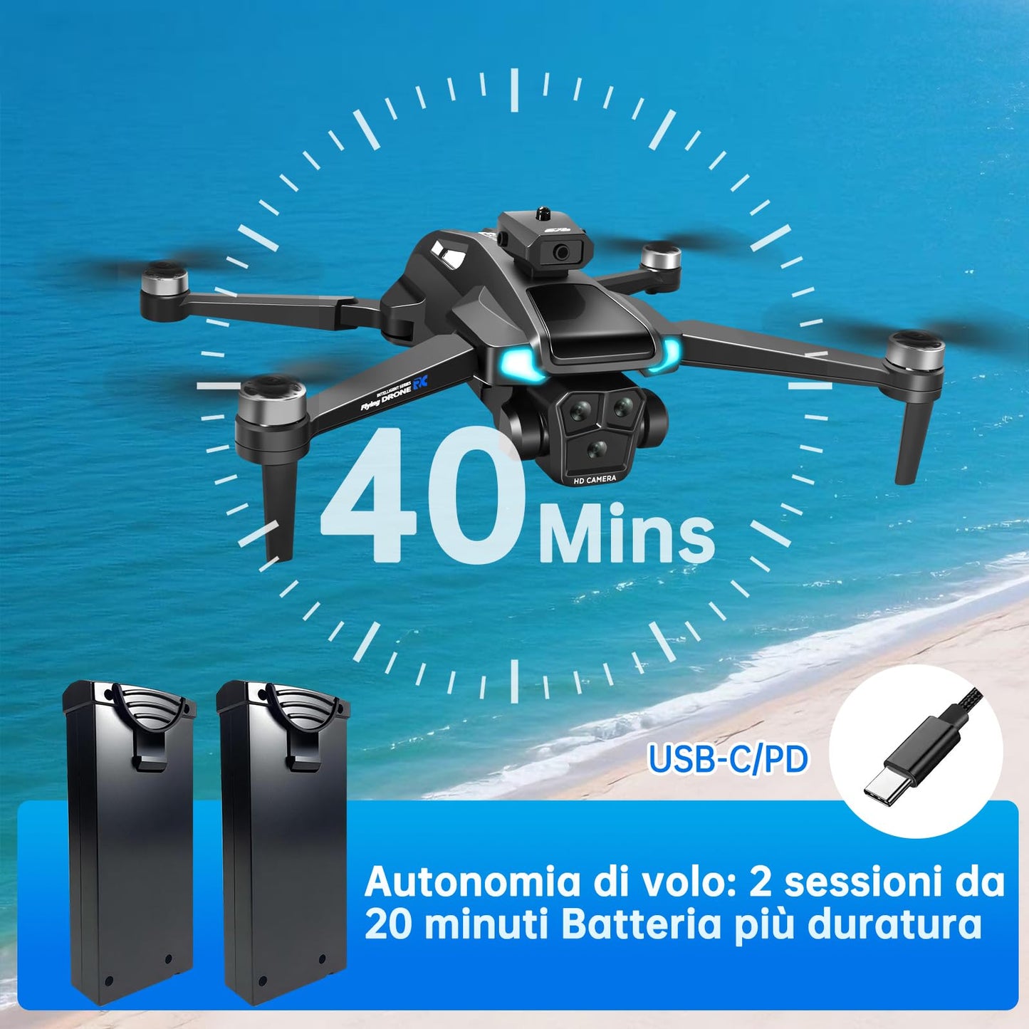 Drone con Telecamera 4K HD per Adulti e Principianti, Tempo massimo di volo 40+ minuti,Mini Quadcoptero RC Piegevole 2.4G WIFI con Motore Brushless, 2 Batterie, Autoscatto con Gestuali