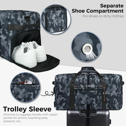 Fmeida 65L Unisex Adult Travel Duffel Bag, Large Gym Bag with Shoe Compartment and Shoulder Strap, Waterproof Duffel Bag Sports Bag, Black, Duffel bag with shoe compartment - STREET STYLE