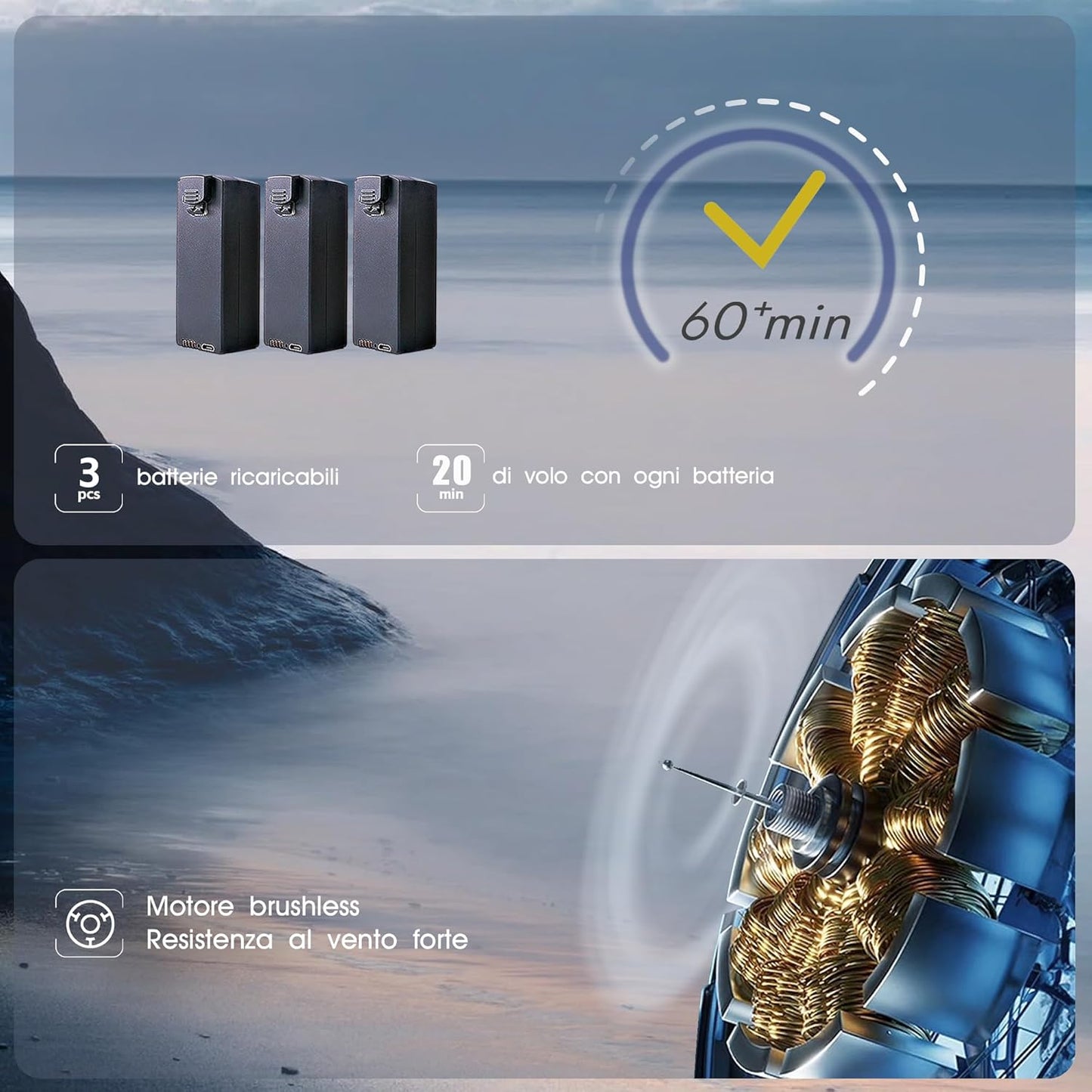 Drone con telecamera 4K HD per principianti - 800 m di portata, 60+ min di volo, WiFi FPV, motore brushless, Auto Hover, Auto Follow (3 batterie)