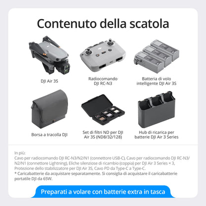 DJI Air 3S Combo Fly More (RC 2 con schermo), drone con fotocamera grandangolare CMOS 1" e teleobiettivo medio per adulti, 4K/60fps, rilevamento omnidirezionale e 3 batterie per volare più a lungo