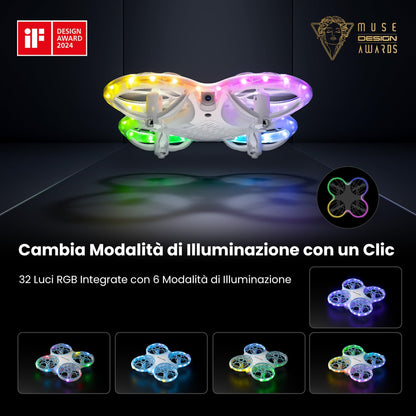 Ameta Morpho Drone con Telecamera per Bambini 1080P HD, Mini Droni FPV con 32 Luci RGB/Volo Circolare/ 3D Flip/ 18min di Volo/Cicalino Perso, Giocattolo per Ragazzi Ragazze, Meno di 249g