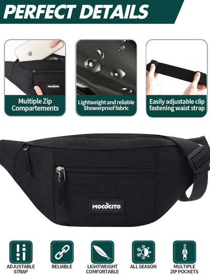 Men's Women's Waist Bag, Sports Waist Bag with 4 Zip Pockets, Men's Waist Bag, Small Adjustable Belt, Waterproof Work Waist Bag for Cycling Running Hiking Trekking Concerts - STREET STYLE