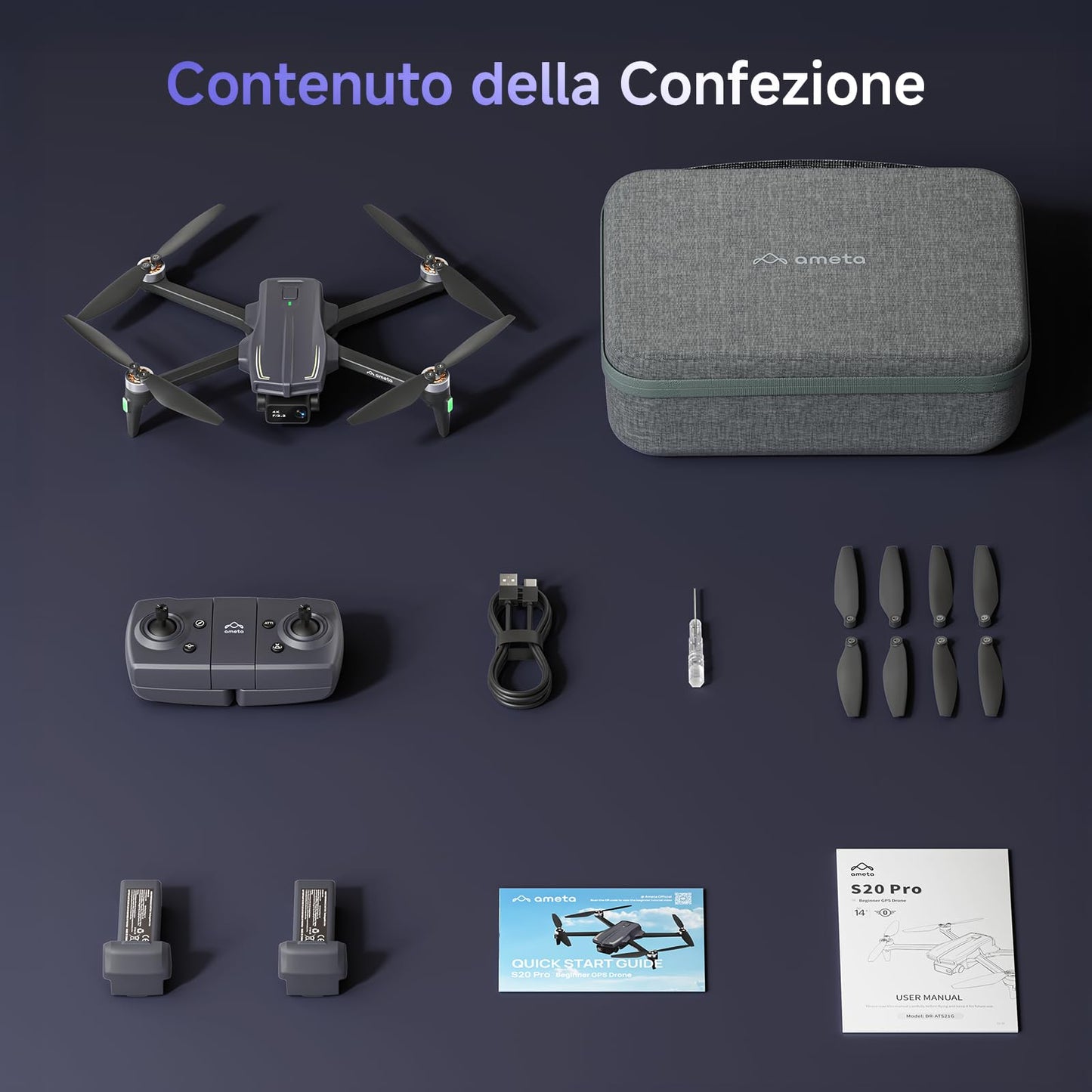 Ameta Drone con Telecamera 4K Professionale, S20 Pro Drone GPS per Bambini e Adulti con Ritorno Automatico/ 50 Minuti/Follow Me/Modalità Intelligenti/Controllo Gesti, Mini Drones FPV Meno di 249g