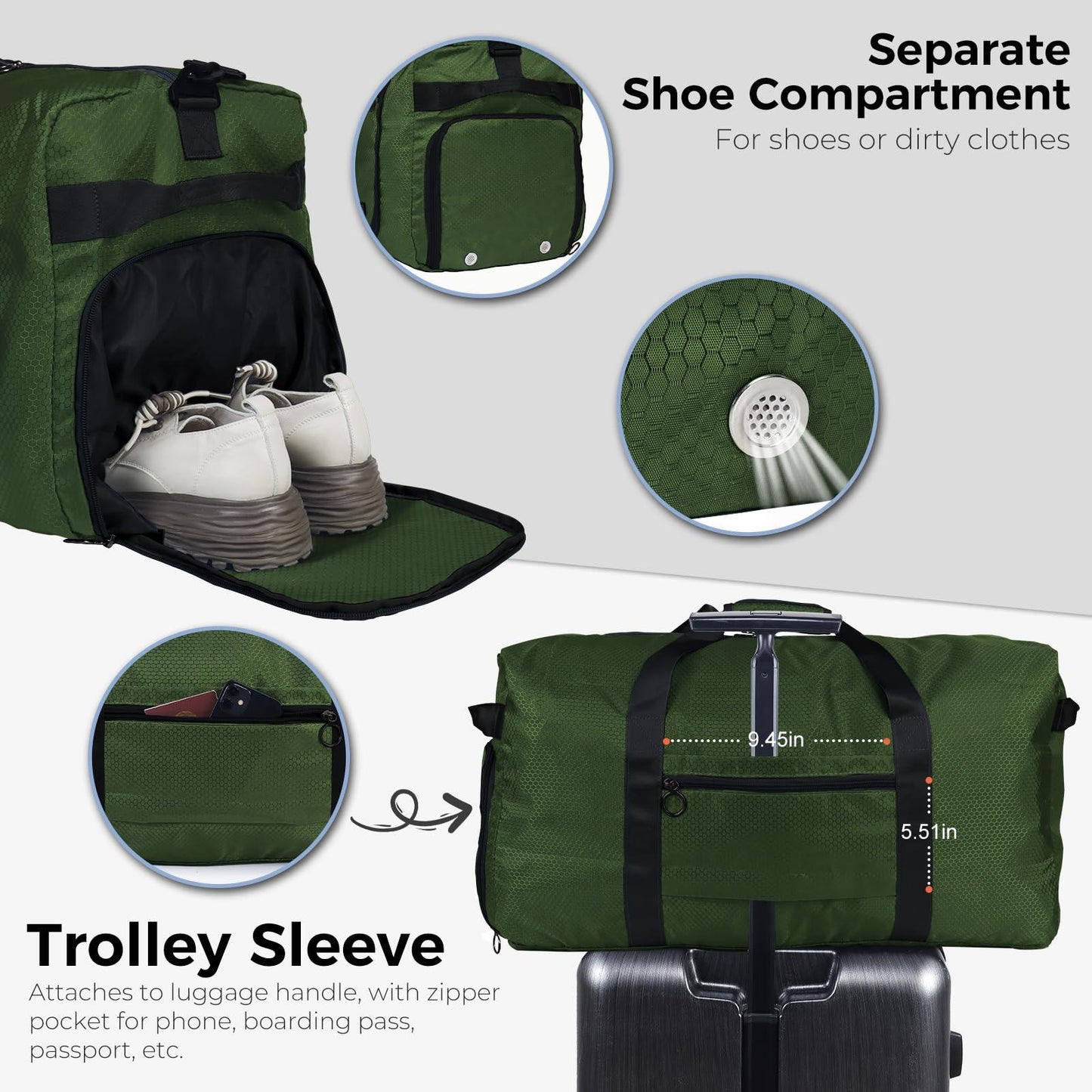 Fmeida 65L Unisex Adult Travel Duffel Bag, Large Gym Bag with Shoe Compartment and Shoulder Strap, Waterproof Duffel Bag Sports Bag, Black, Duffel bag with shoe compartment - STREET STYLE