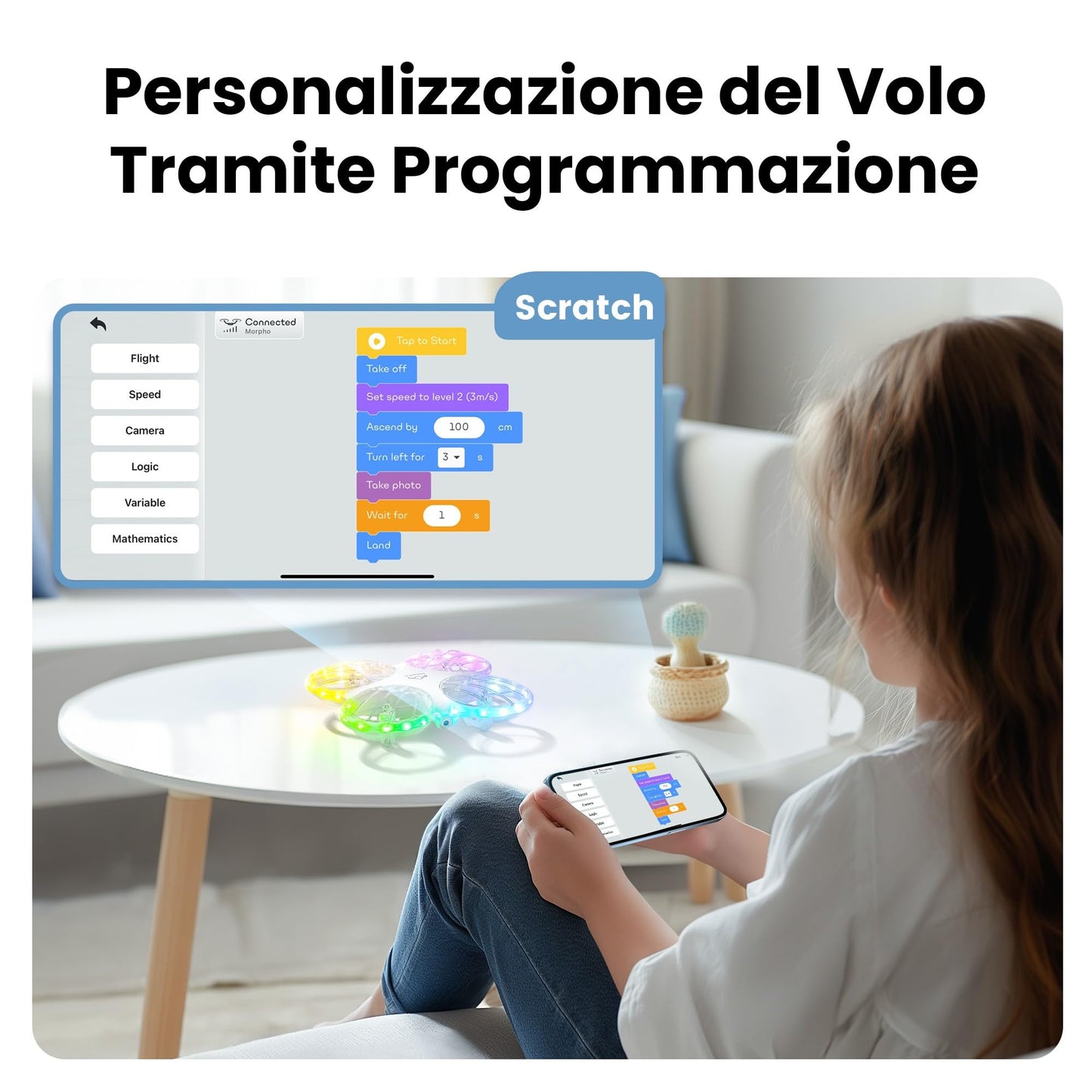 Ameta Morpho Drone con Telecamera per Bambini 1080P HD, Mini Droni FPV con 32 Luci RGB/Volo Circolare/ 3D Flip/ 18min di Volo/Cicalino Perso, Giocattolo per Ragazzi Ragazze, Meno di 249g