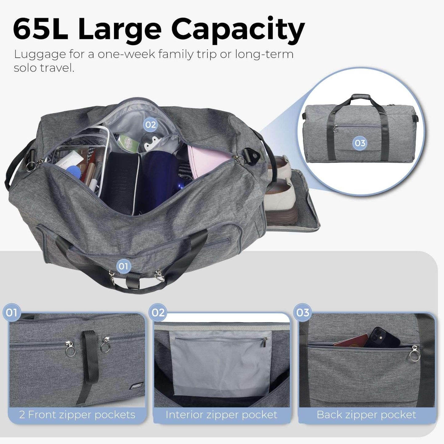 Fmeida 65L Unisex Adult Travel Duffel Bag, Large Gym Bag with Shoe Compartment and Shoulder Strap, Waterproof Duffel Bag Sports Bag, Black, Duffel bag with shoe compartment - STREET STYLE