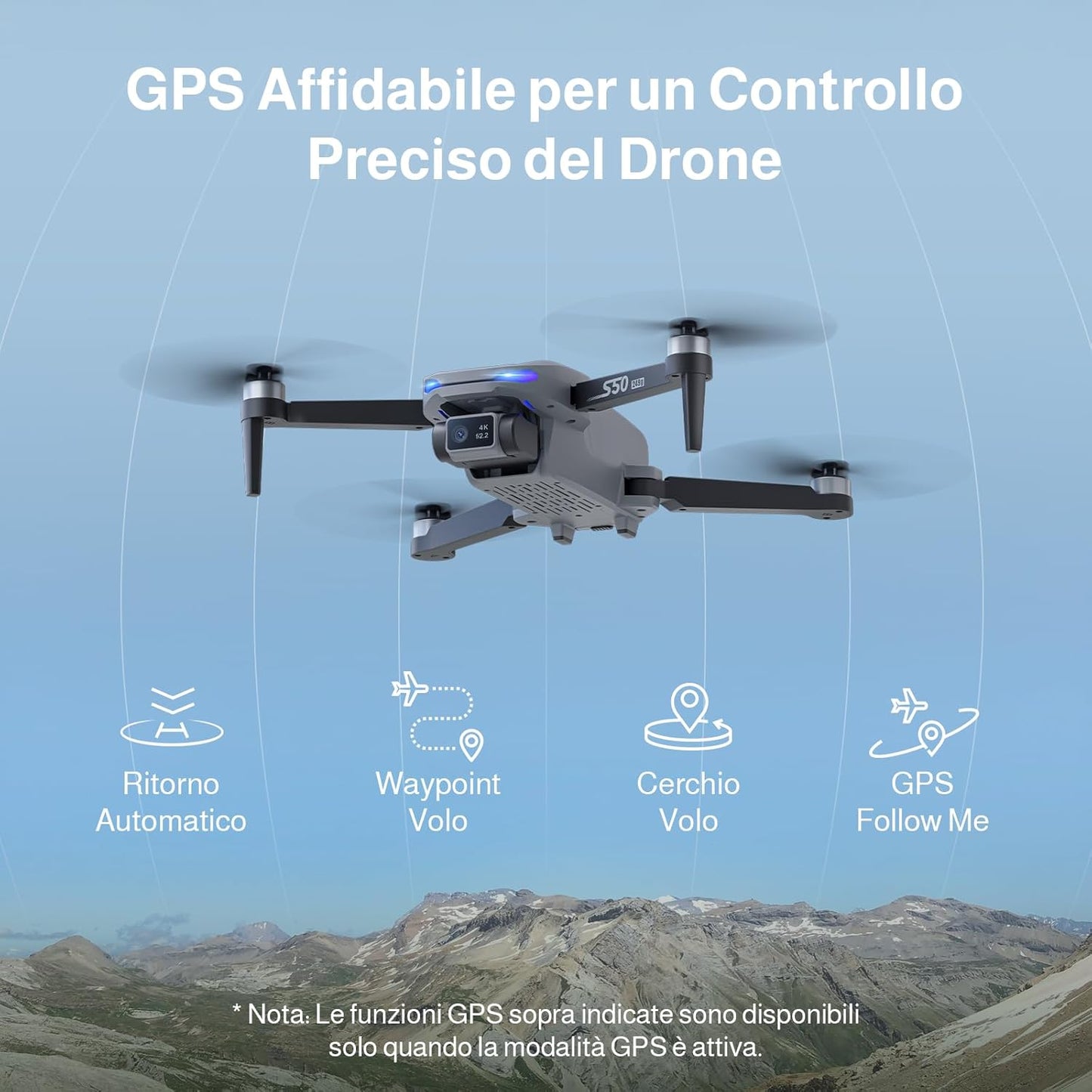 Ameta Drone con Telecamera 4K Professionale e GPS, S50 Lite Droni FPV con Ritorno Automatico, 50 Minuti di Volo, Follow Me, Modalità Intelligenti, Controllo Gesti, Portata 500m, Meno di 249g