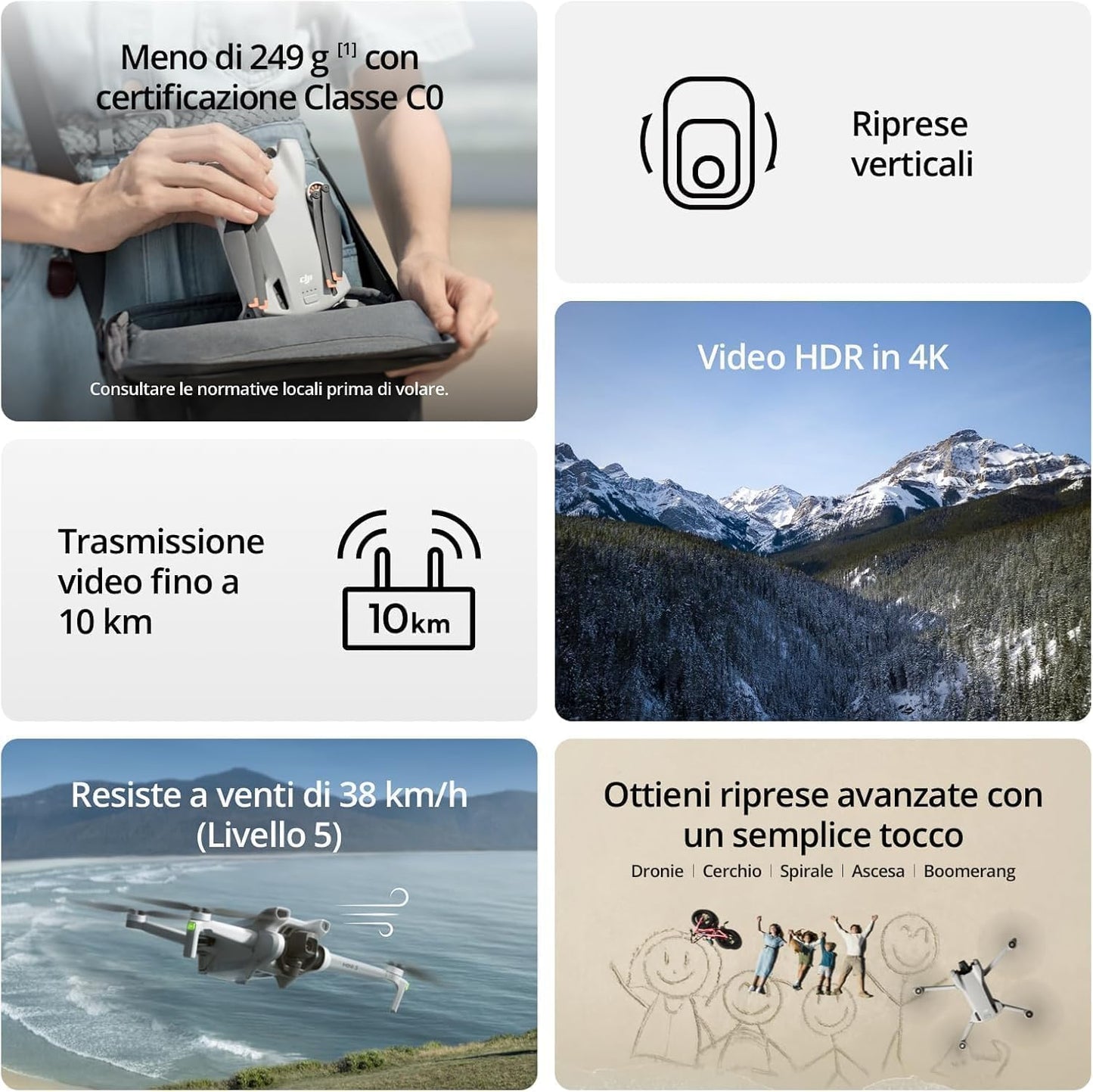 DJI Mini 3 (con DJI RC) – Mini drone con fotocamera leggero, con stabilizzatore a 3 assi, video in 4K HDR, autonomia 38 minuti, trasmissione video fino a 10 km, riprese verticali, return integrato