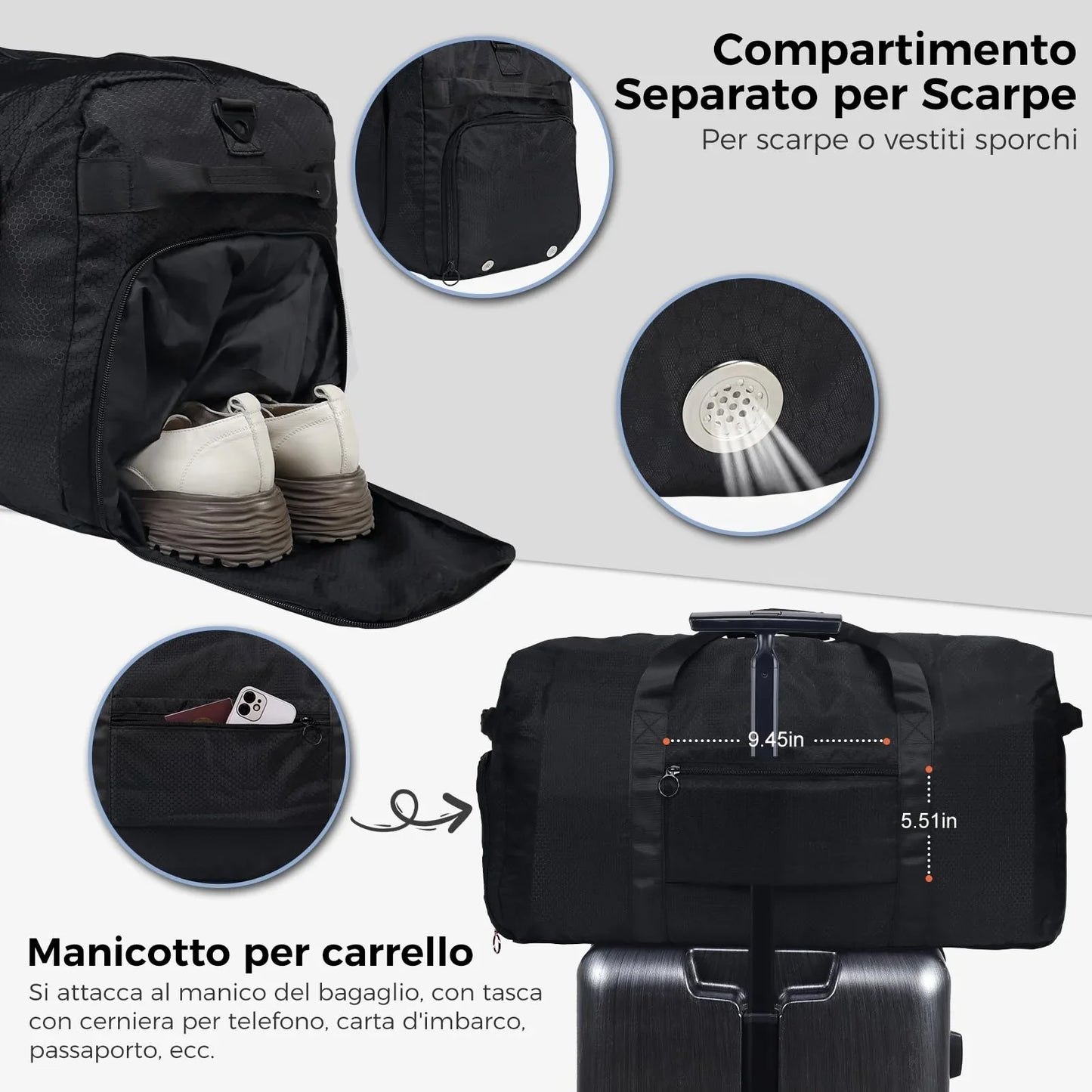 Fmeida 65L Unisex Adult Travel Duffel Bag, Large Gym Bag with Shoe Compartment and Shoulder Strap, Waterproof Duffel Bag Sports Bag, Black, Duffel bag with shoe compartment - STREET STYLE