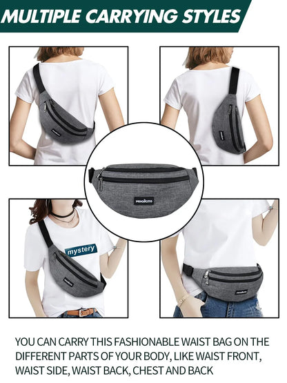 Men's Women's Waist Bag, Sports Waist Bag with 4 Zip Pockets, Men's Waist Bag, Small Adjustable Belt, Waterproof Work Waist Bag for Cycling Running Hiking Trekking Concerts - STREET STYLE