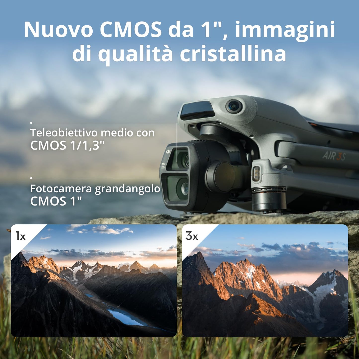 DJI Air 3S Combo Fly More (RC 2 con schermo), drone con fotocamera grandangolare CMOS 1" e teleobiettivo medio per adulti, 4K/60fps, rilevamento omnidirezionale e 3 batterie per volare più a lungo