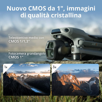 DJI Air 3S Combo Fly More (RC 2 con schermo), drone con fotocamera grandangolare CMOS 1" e teleobiettivo medio per adulti, 4K/60fps, rilevamento omnidirezionale e 3 batterie per volare più a lungo