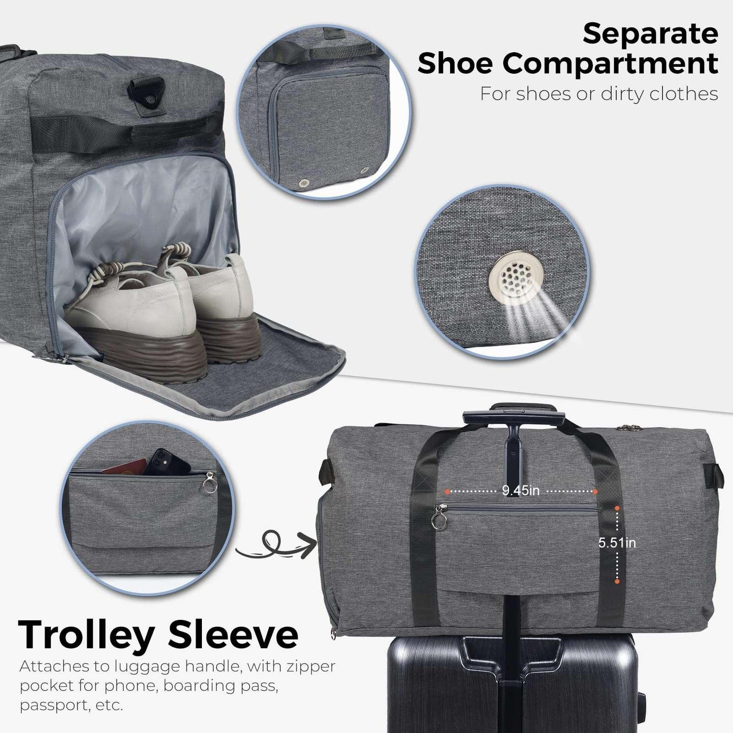 Fmeida 65L Unisex Adult Travel Duffel Bag, Large Gym Bag with Shoe Compartment and Shoulder Strap, Waterproof Duffel Bag Sports Bag, Black, Duffel bag with shoe compartment - STREET STYLE