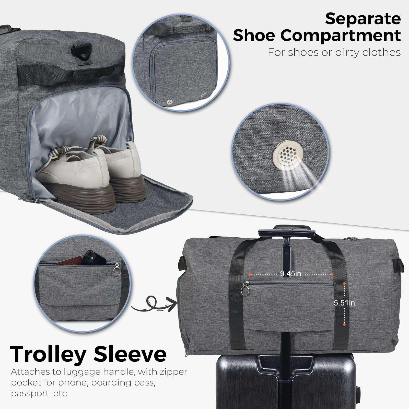 Fmeida 65L Unisex Adult Travel Duffel Bag, Large Gym Bag with Shoe Compartment and Shoulder Strap, Waterproof Duffel Bag Sports Bag, Black, Duffel bag with shoe compartment - STREET STYLE